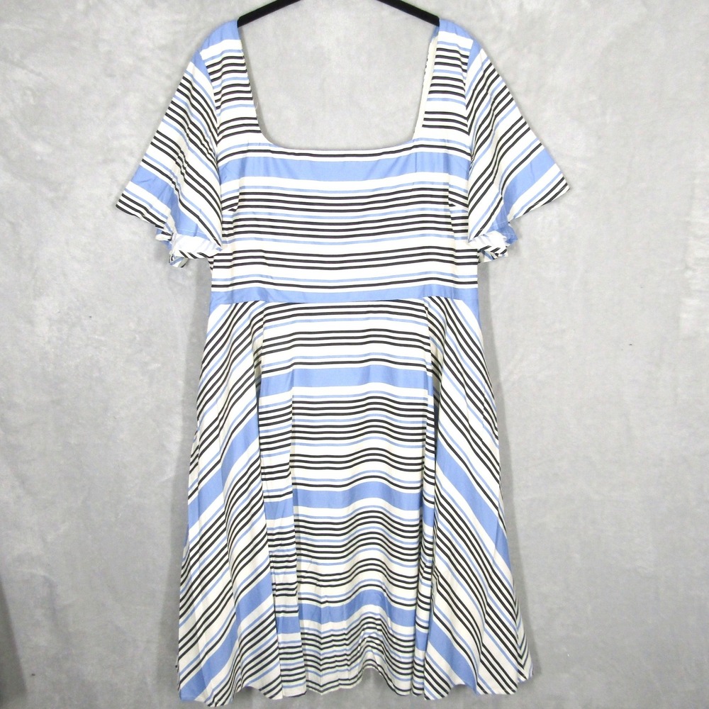 ModCloth Blue, White & Black Striped Square-Neck Fit-and-Flare Dress